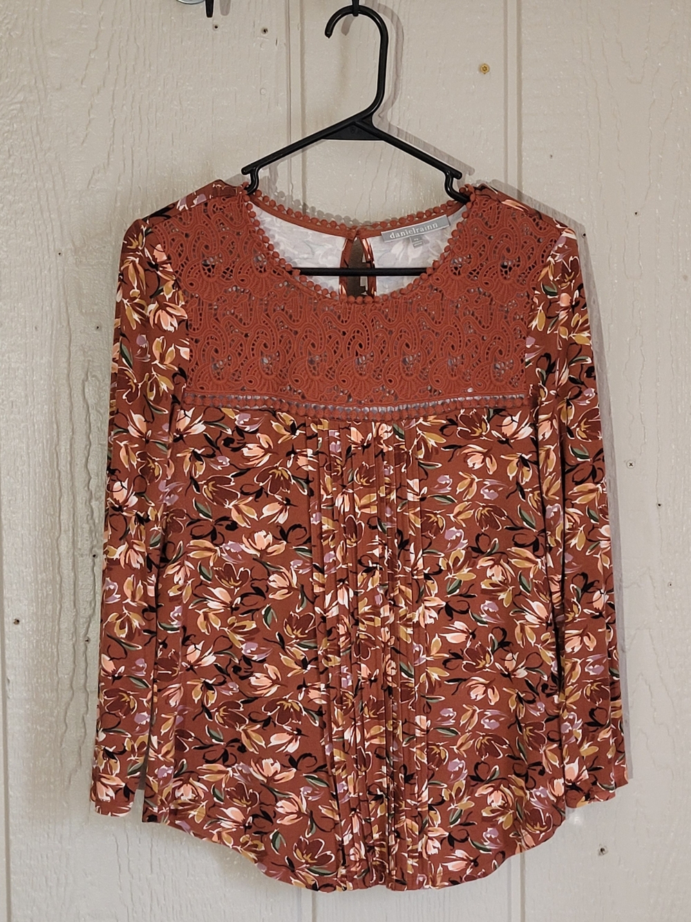 Daniel Rainn Rust Floral Crochet Yoke Blouse